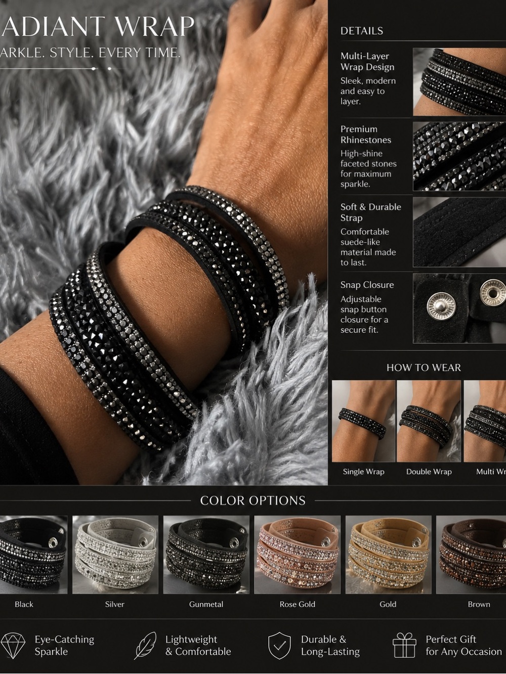 Radiant Wrap Bracelet - Black Rhinestone Multi-Layer Wrap